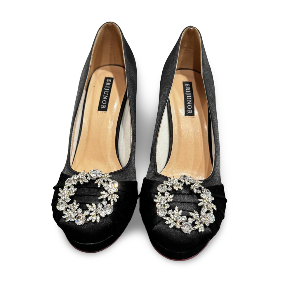 Eriunor Black Satin Rhinestone Platform Pumps High Heels Women's Size 6 - Picture 3 of 8